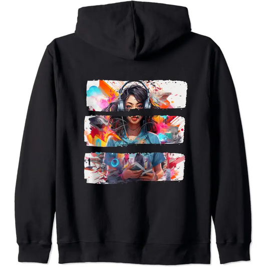 Fusion Femme: Captivating Collage Couture Zip Hoodie