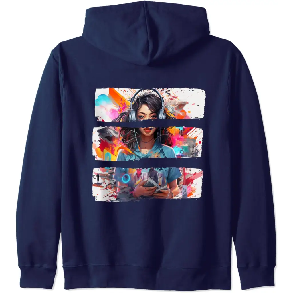 Fusion Femme: Captivating Collage Couture Zip Hoodie - Navy