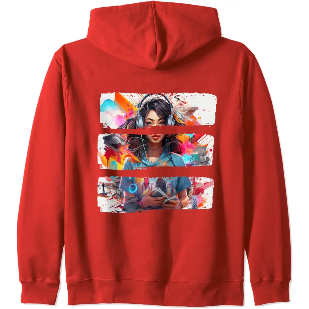 Fusion Femme: Captivating Collage Couture Zip Hoodie - Red