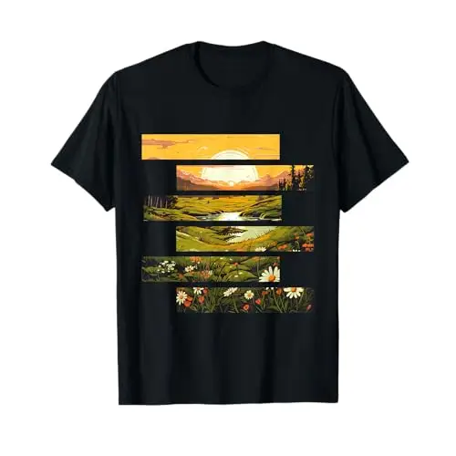 Golden Meadows: Sunrise Over Blossoming Fields T Shirt