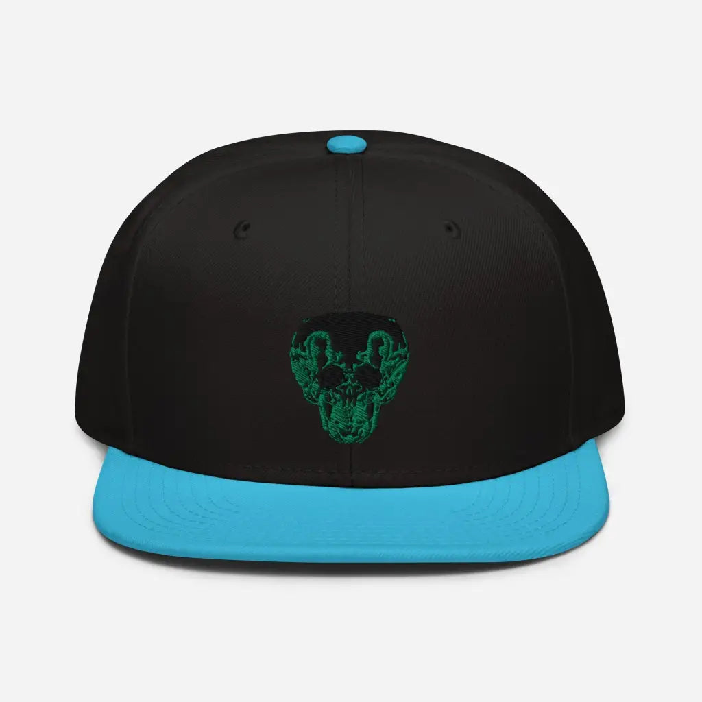 Green Smiley Skull Snapback Hat - Aqua blue / Black