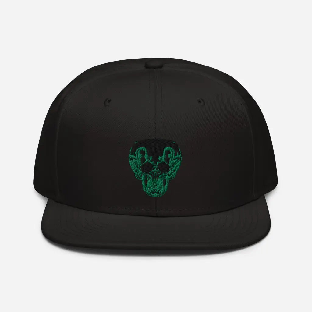 Green Smiley Skull Snapback Hat - Black