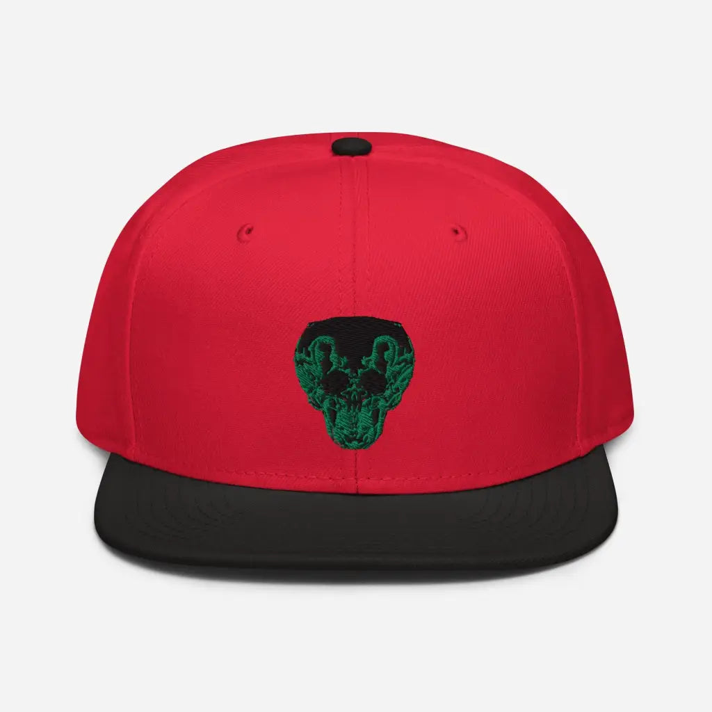 Green Smiley Skull Snapback Hat - Black / Red