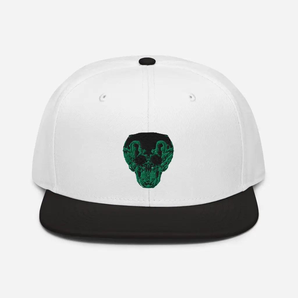 Green Smiley Skull Snapback Hat - Black / White / Whit