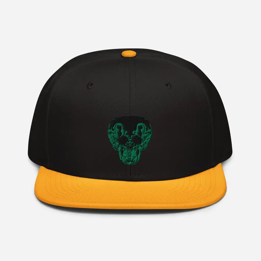 Green Smiley Skull Snapback Hat - Gold / Black