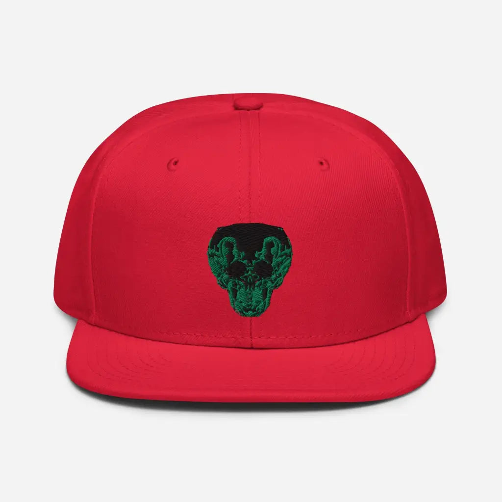 Green Smiley Skull Snapback Hat - Red