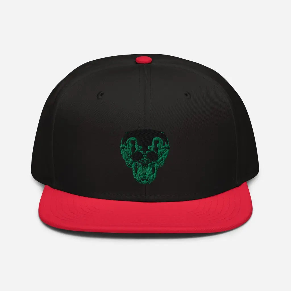 Green Smiley Skull Snapback Hat - Red / Black