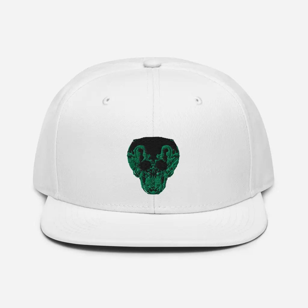 Green Smiley Skull Snapback Hat - White