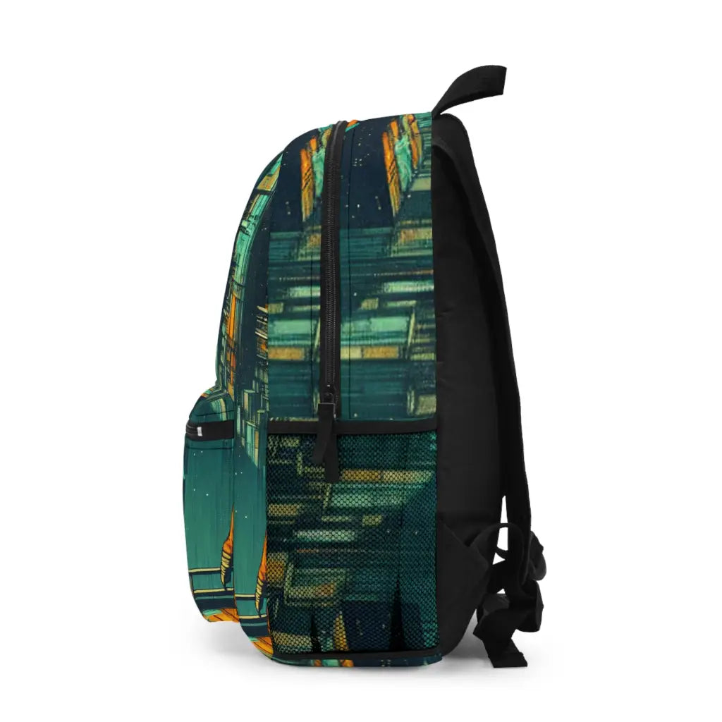 Journey through the Futuristic Cityscape Backpack One size