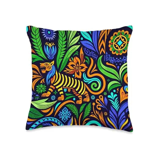Jungle Harmony: Folk Art Tiger Throw Pillow Home