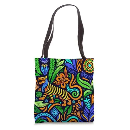 Jungle Harmony: Folk Art Tiger Tote Bag Apparel