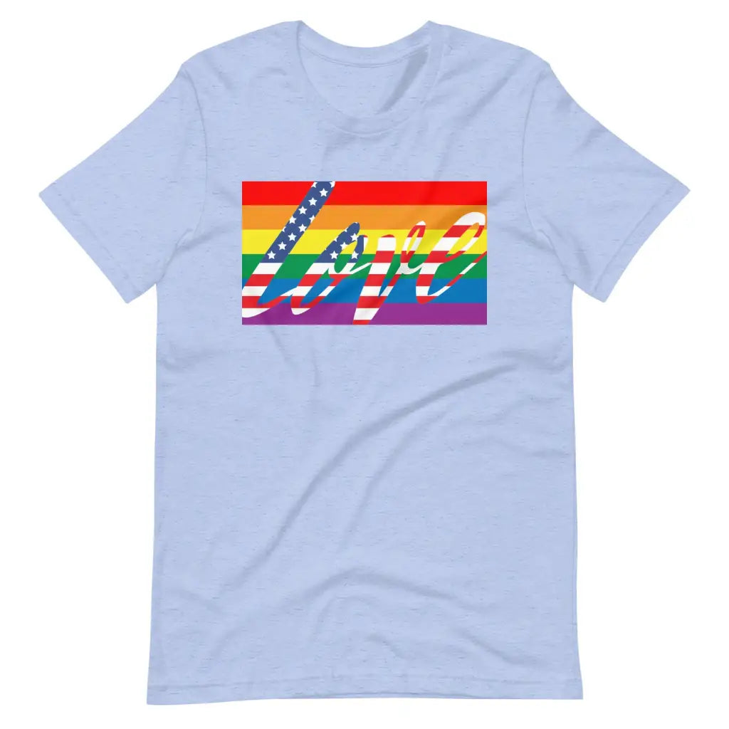 Men’s American Flag Love is LGBT t-shirt - Heather Blue