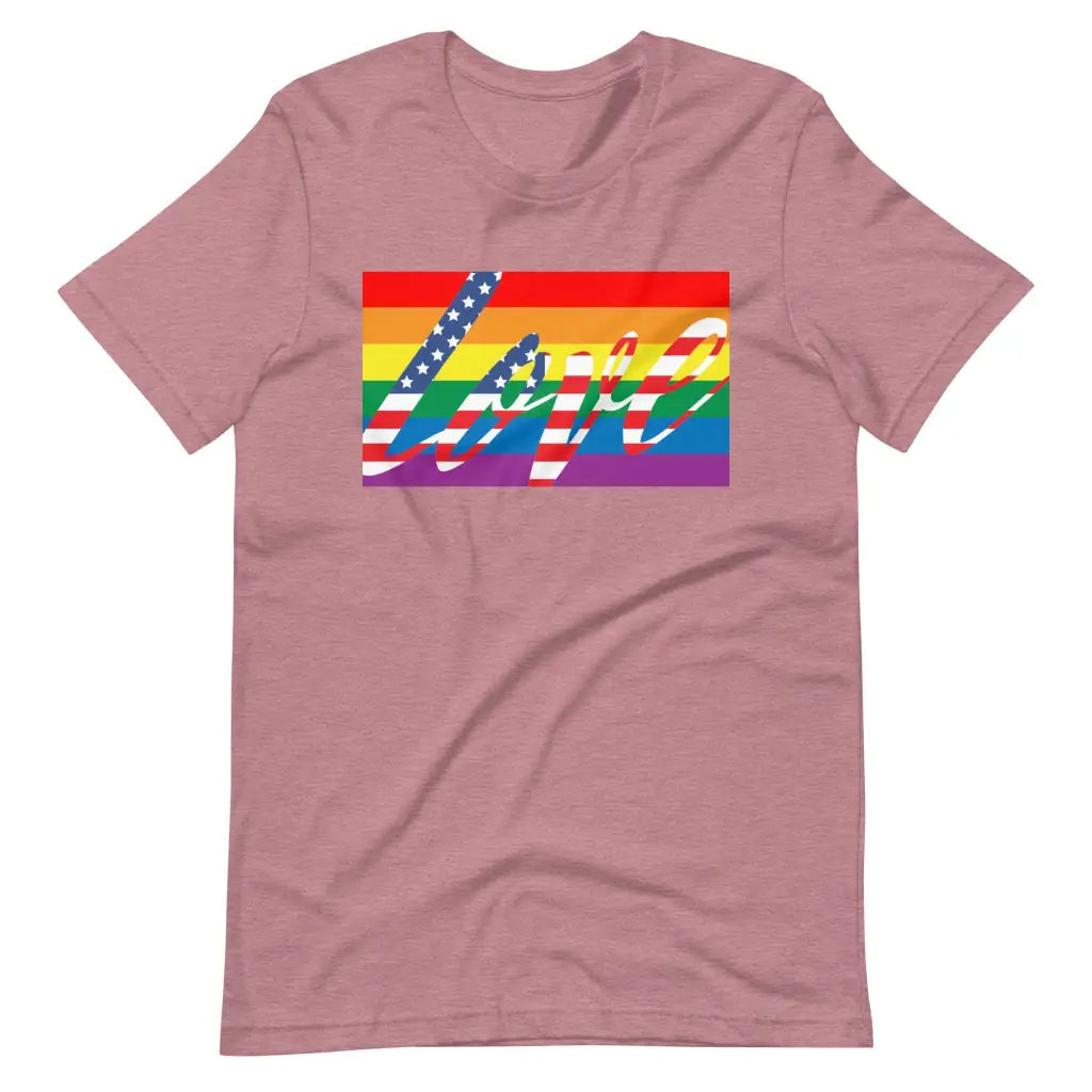 Men’s American Flag Love is LGBT t-shirt - Heather Orchid