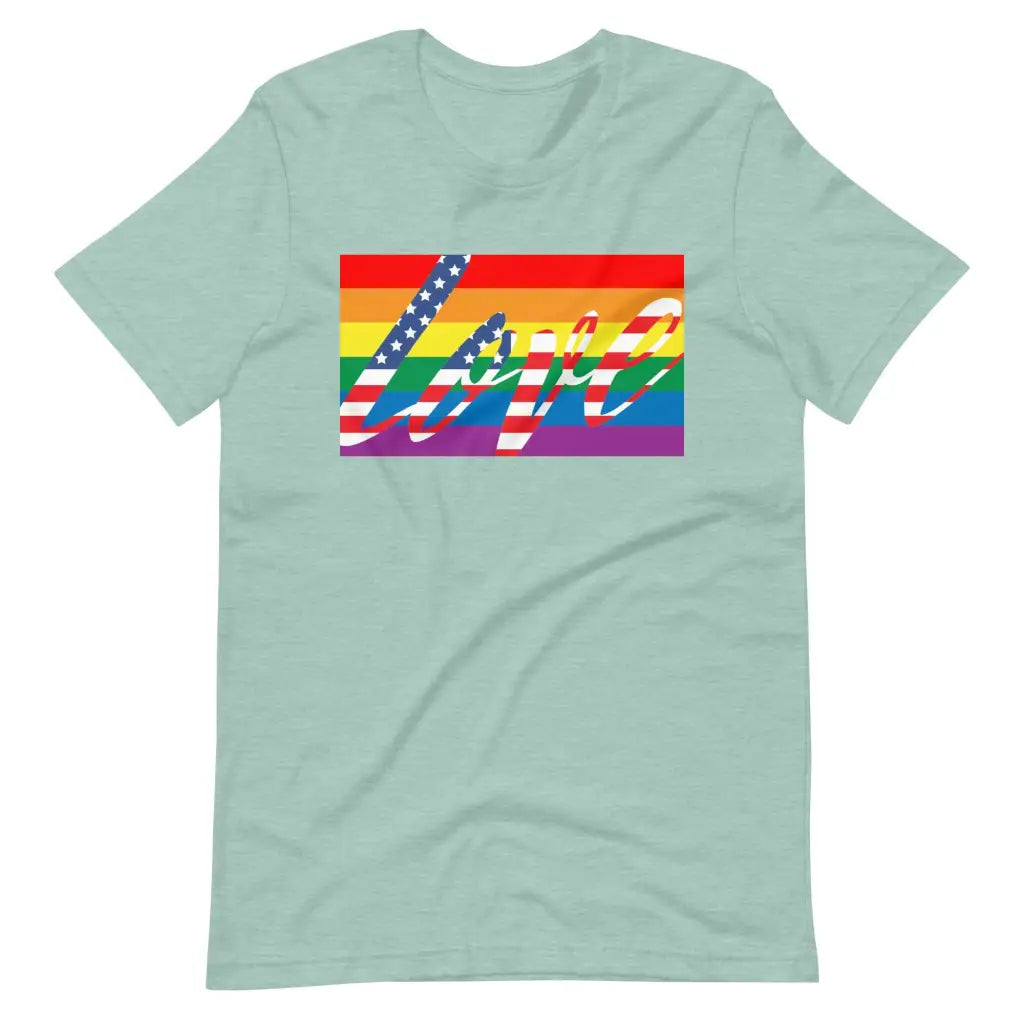 Men’s American Flag Love is LGBT t-shirt - Heather Prism