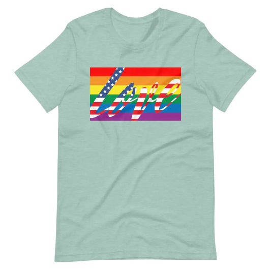 Men’s American Flag Love is LGBT t-shirt - Heather Prism