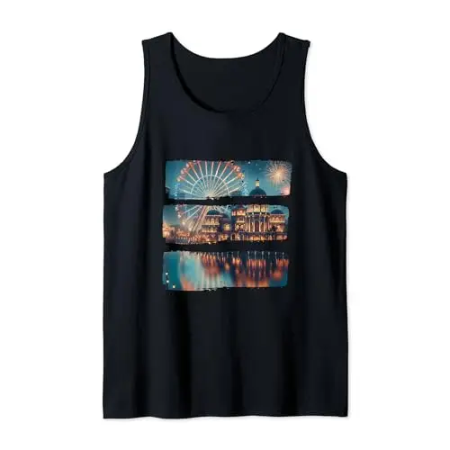 Nighttime Cityscape: Ferris Wheel & Fireworks Tank Top