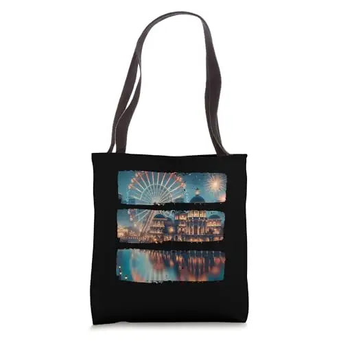 Nighttime Cityscape: Ferris Wheel & Fireworks Tote Bag