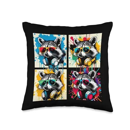 Raccoon Riot: Urban Beats and Street Colors Throw Pillow