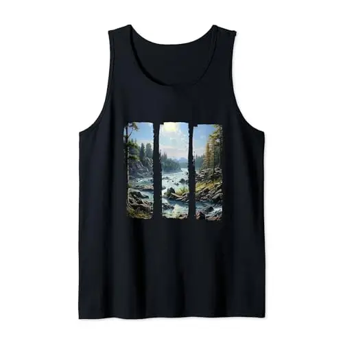 Rocky Banks Tall Evergreens and a Gentle Flowing River.