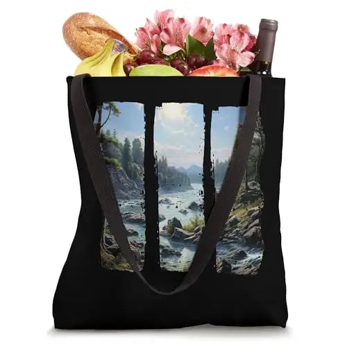 Rocky Banks Tall Evergreens and a Gentle Flowing River.