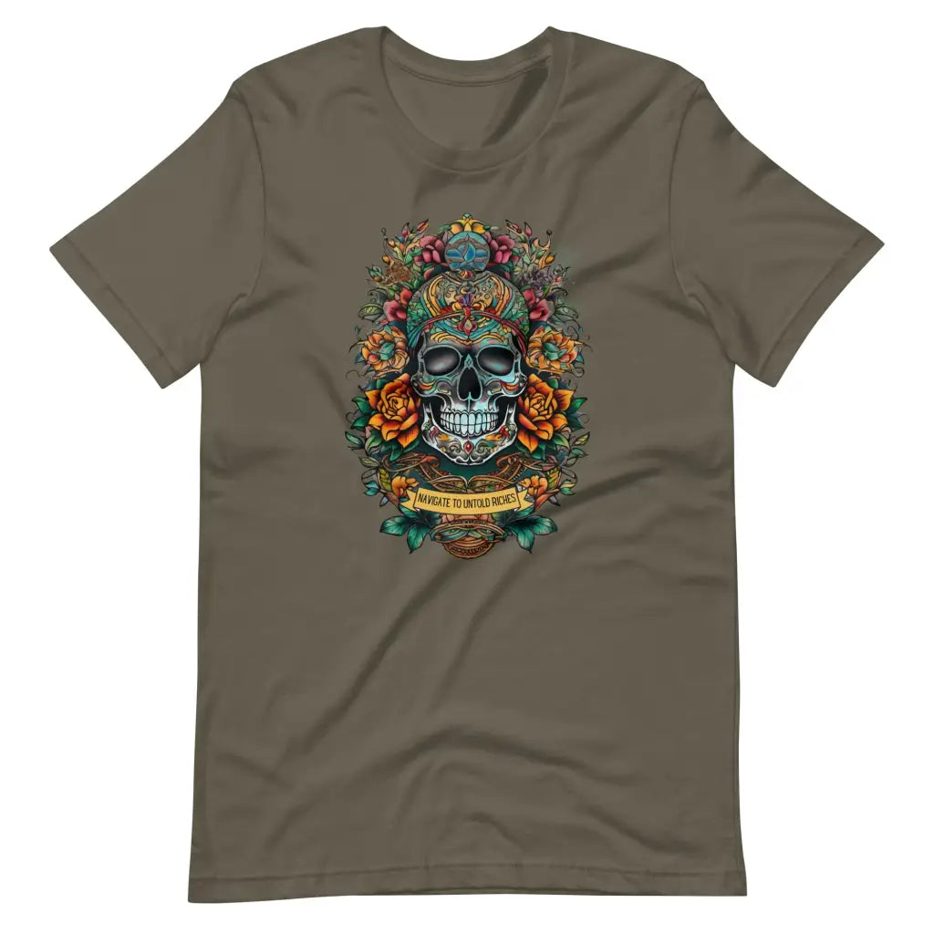 Skull Embellished with Vibrant Flowers T-shirt #2 - Army