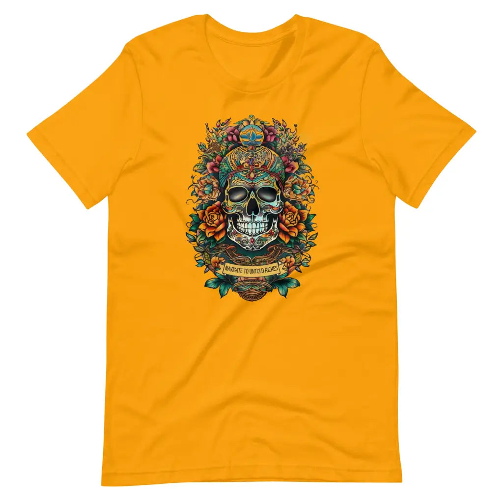 Skull Embellished with Vibrant Flowers T-shirt #2 - Gold