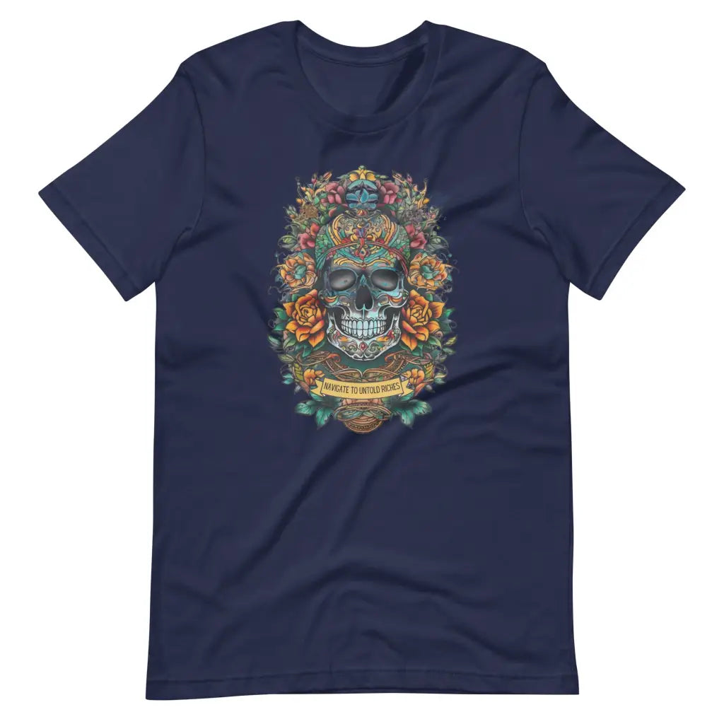 Skull Embellished with Vibrant Flowers T-shirt #2 - Navy