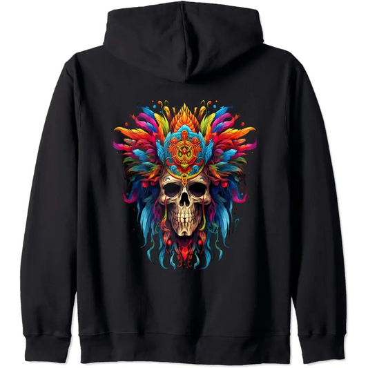 Skull with Colorful Feathery Headdress Zip Hoodie - Adult