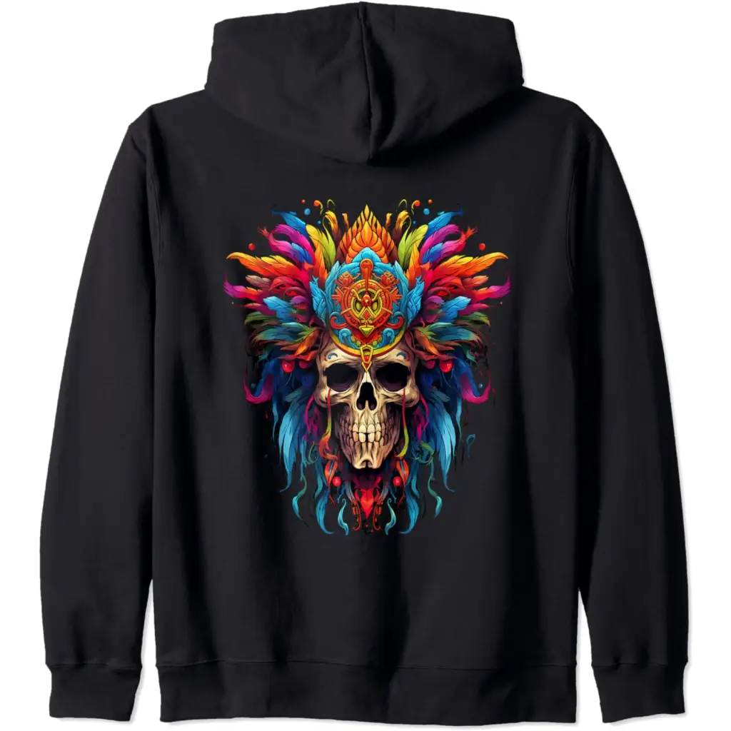 Skull with Colorful Feathery Headdress Zip Hoodie - Adult