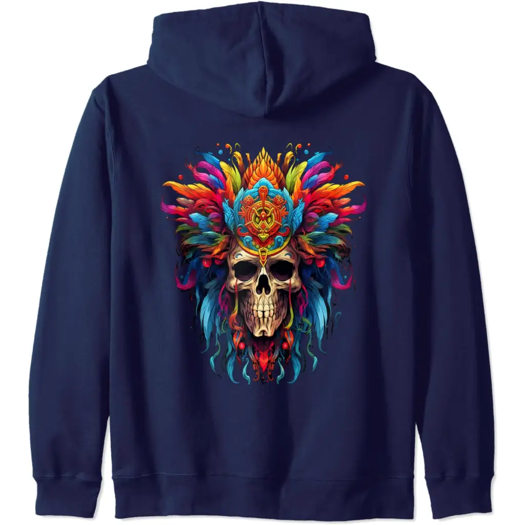 Skull with Colorful Feathery Headdress Zip Hoodie - Adult