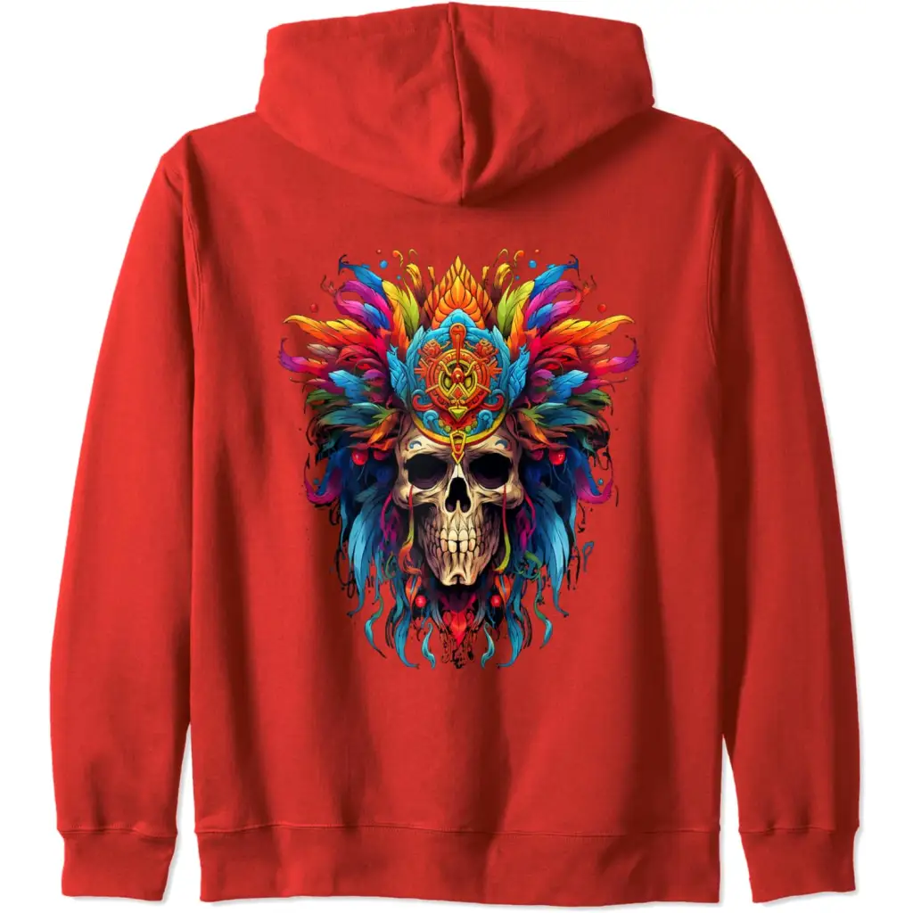 Skull with Colorful Feathery Headdress Zip Hoodie - Adult