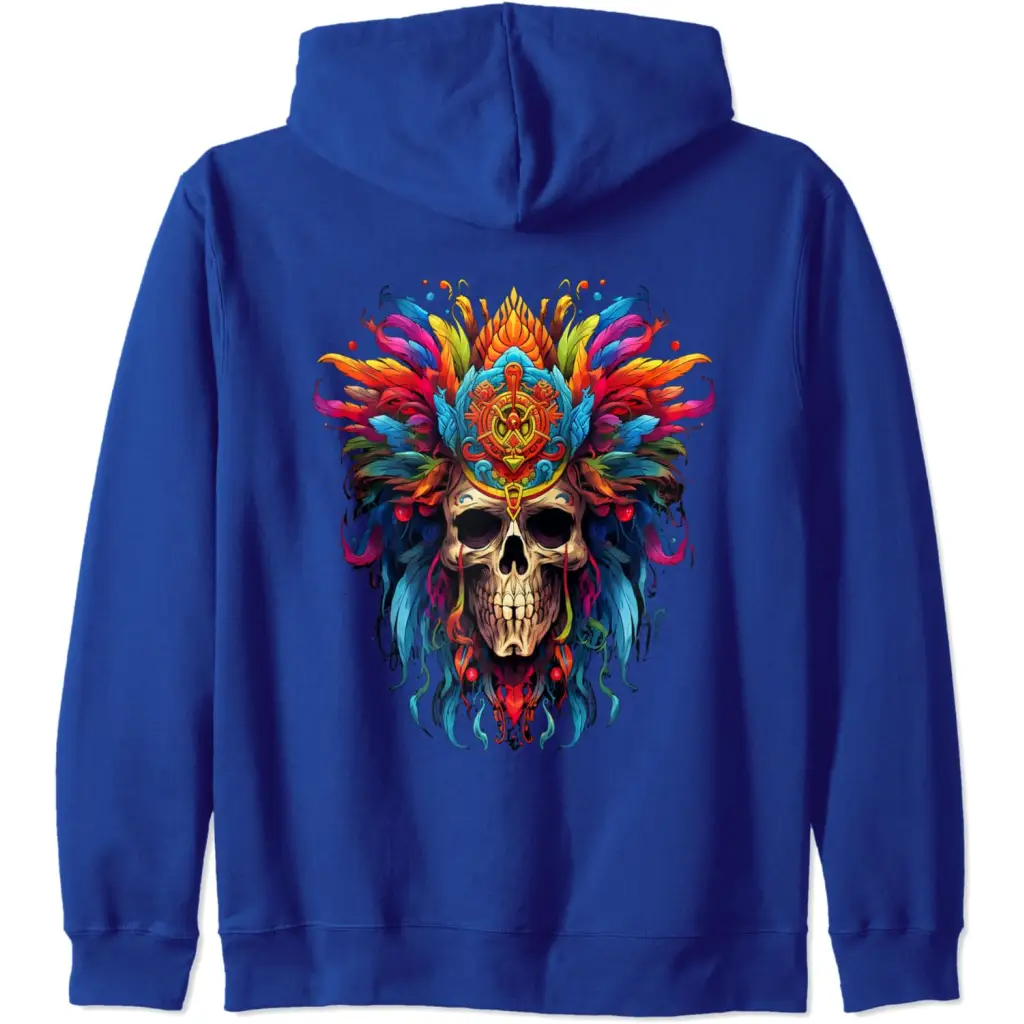 Skull with Colorful Feathery Headdress Zip Hoodie - Adult