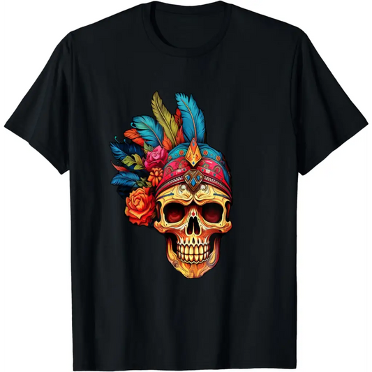 Skull with Vibrant Colorful Gypsy Head Dress T-Shirt - Men