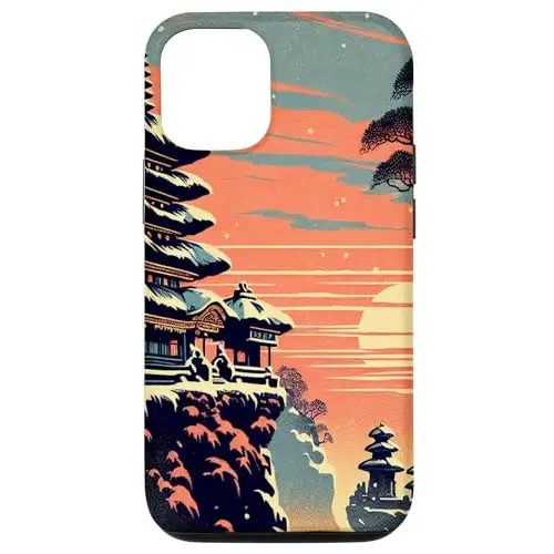 Snowy Serenity: Pagodas in Sunset Splendor Case (iPhone