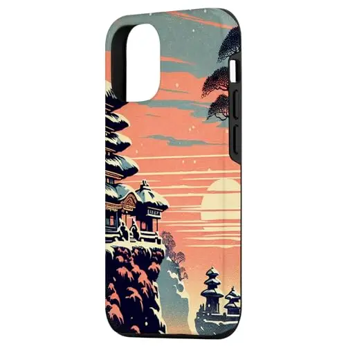 Snowy Serenity: Pagodas in Sunset Splendor Case (iPhone