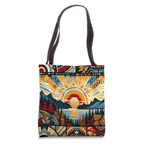 Sunset Harmony: Tribal Nature Mosaic Tote Bag Apparel