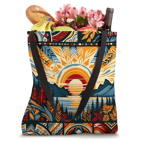 Sunset Harmony: Tribal Nature Mosaic Tote Bag Apparel