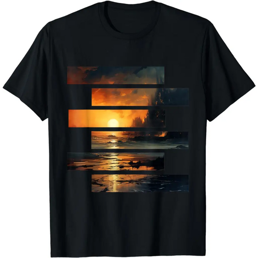 Sunset Serenity: Beach Horizon T-Shirt - Black / Men