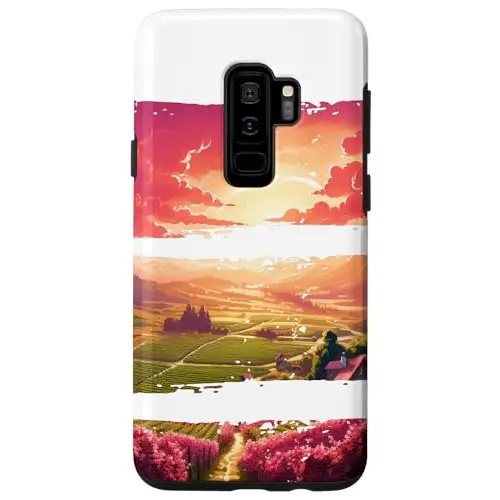 Sunset Valley Landscape Painting with Vineyard and Pathway