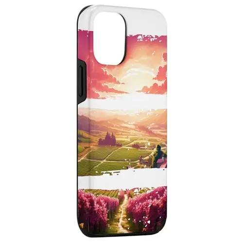 Sunset Valley Landscape Painting with Vineyard and Pathway