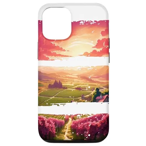Sunset Valley Landscape Painting with Vineyard and Pathway