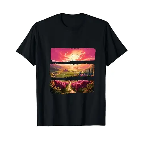 Sunset Valley Landscape Painting with Vineyard and Pathway