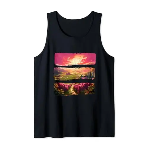 Sunset Valley Landscape Painting with Vineyard and Pathway