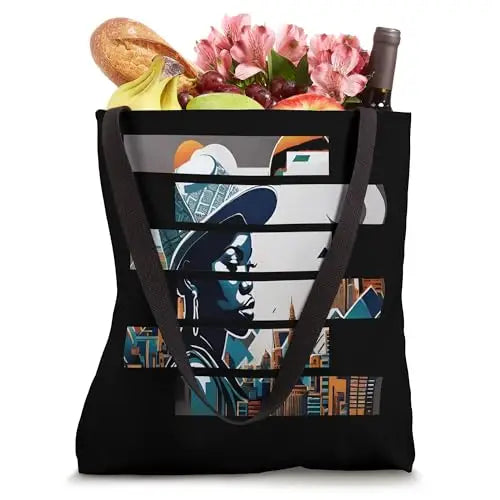 Urban Elegance: Cityscape in Stripes Tote Bag Apparel