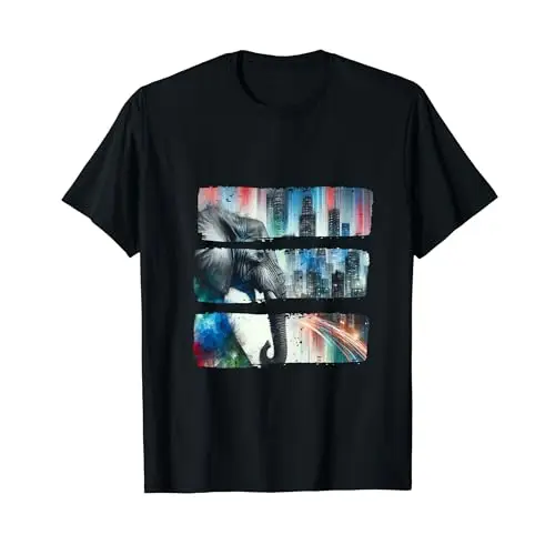 Urban Majesty: Elephant Against Vibrant Skyline T Shirt