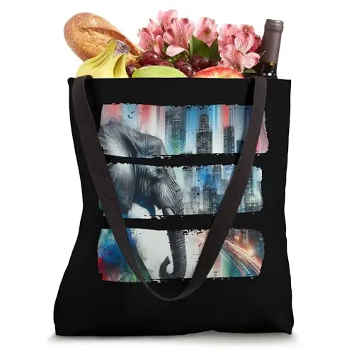 Urban Majesty: Elephant Against Vibrant Skyline Tote Bag