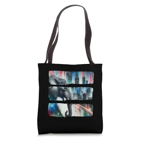 Urban Majesty: Elephant Against Vibrant Skyline Tote Bag