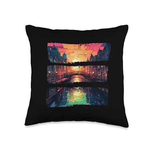 Urban Sunset and City Lights at Dusk Over the Canal Throw