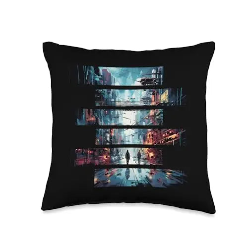 Vibrant Echoes: Stroll Through the Cyber City Throw Pillow