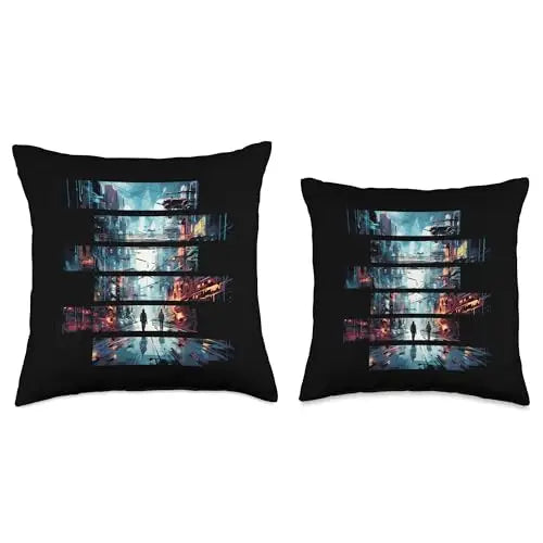 Vibrant Echoes: Stroll Through the Cyber City Throw Pillow